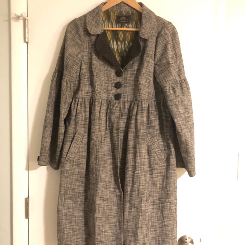 Tocca Overcoat: Olive and Gold Patterned Fabric